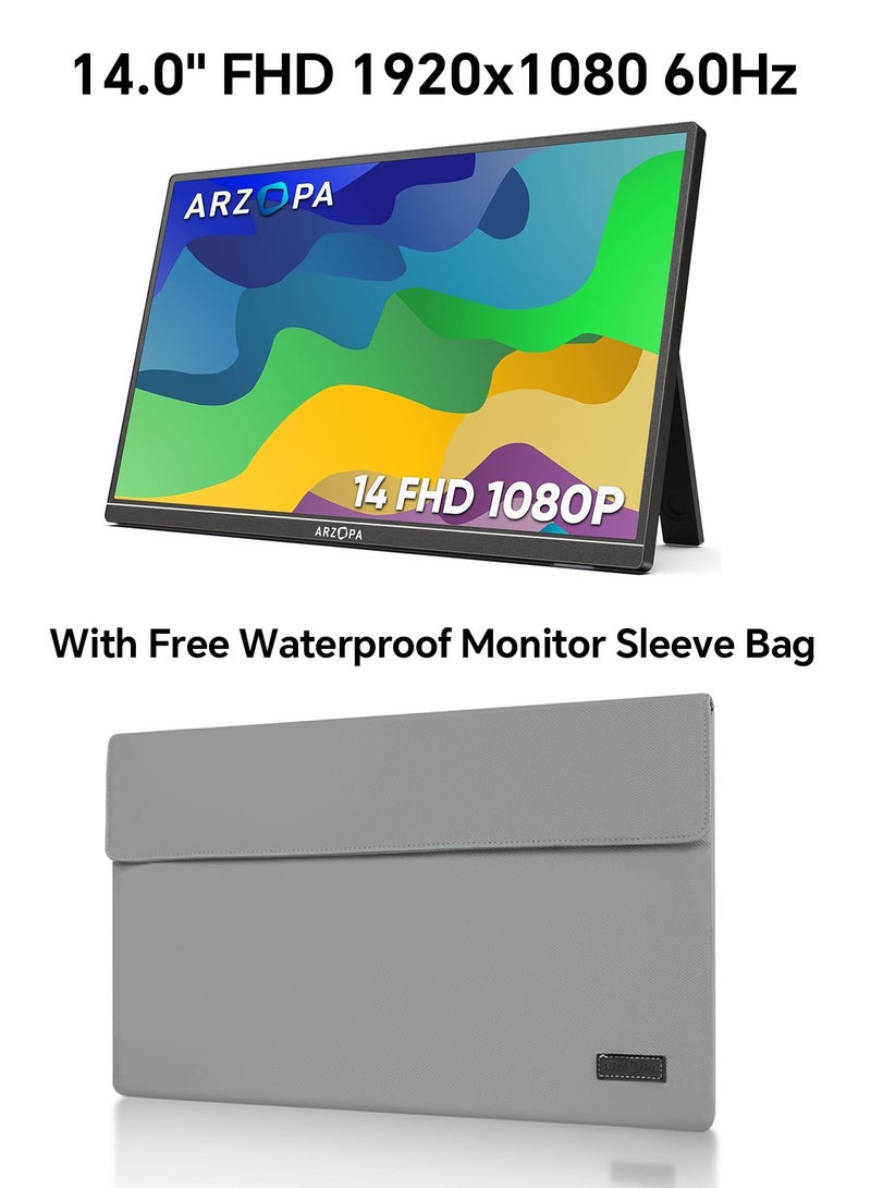 ARZOPA Portable Monitor Kickstand, 14.0" Ultra Slim Portable Laptop Monitor FHD 1080P External Display with Dual Speakers Second Screen for Laptop PC Phone Xbox PS4/5 Switch(With Free Waterproof Monitor Sleeve Bag) - Image 1
